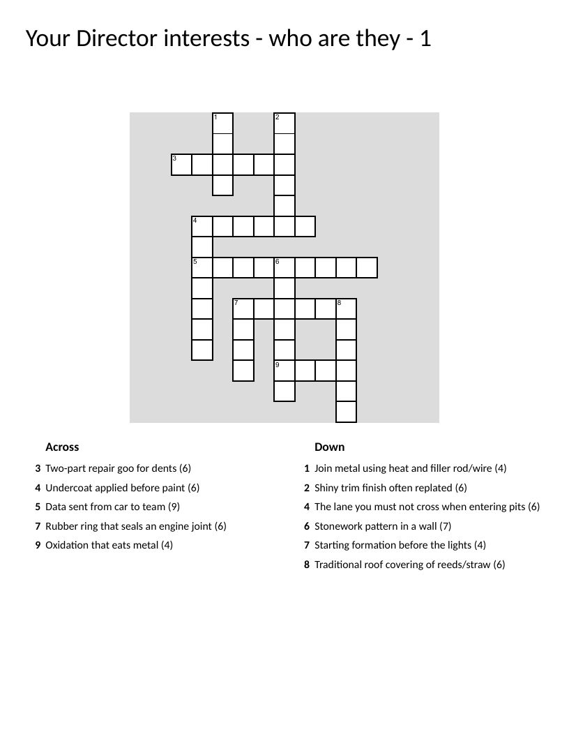 Racing crossword puzzle with vocabulary like telemetry, pit line, and welding.