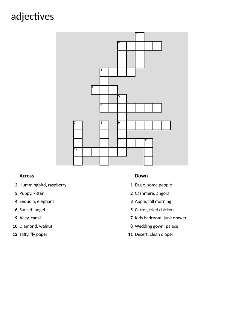 Adjectives crossword puzzle with clues like small, cute, messy, and fancy for young learners.