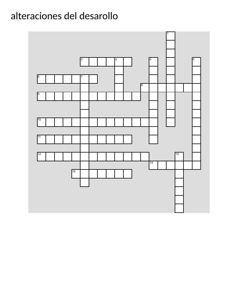 Oral pathology crossword in Spanish covering cleft palate, cysts, and congenital conditions.