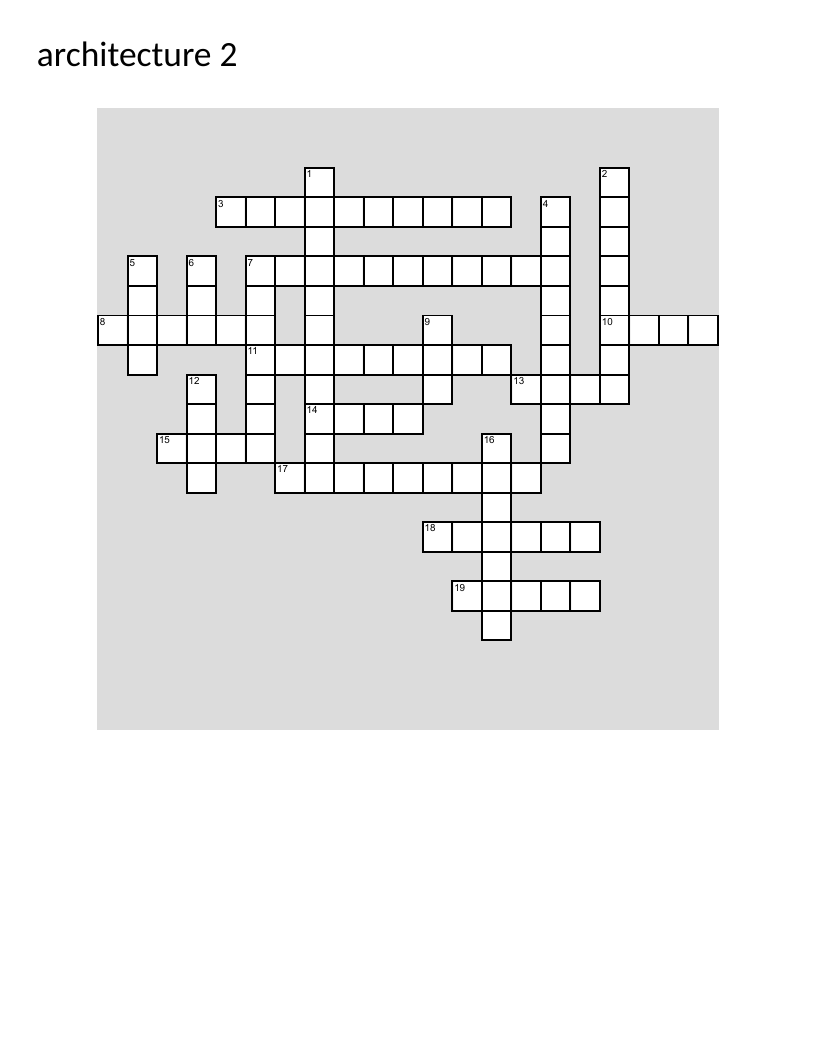 Architecture vocabulary crossword with perspective, orientation, and design terms.