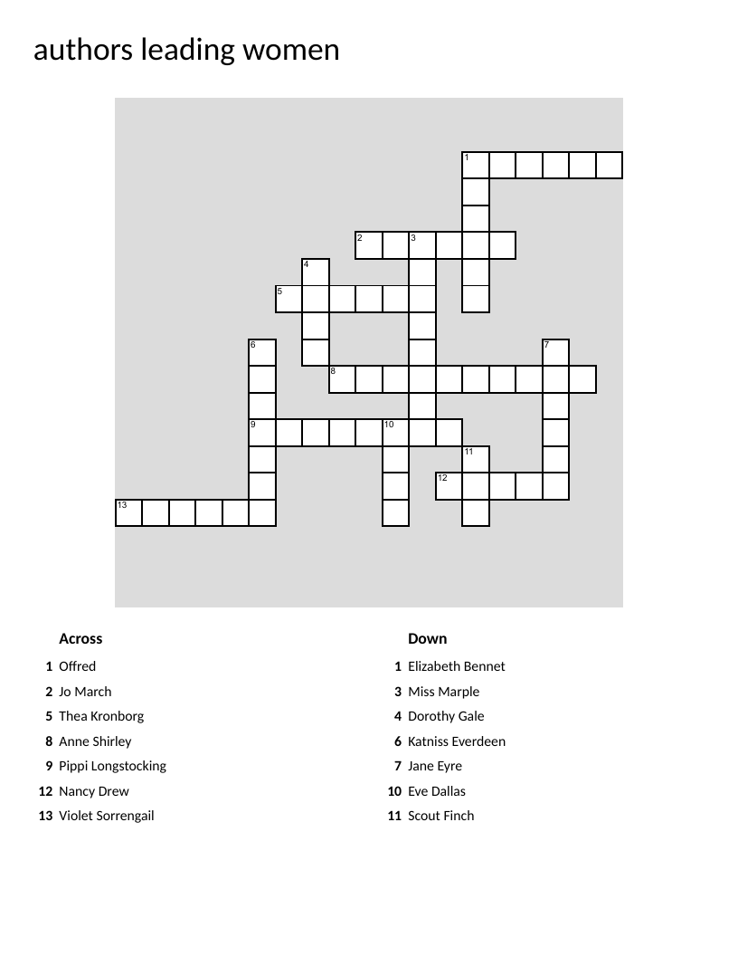 Female authors crossword with literary characters like Elizabeth Bennet and Scout Finch.