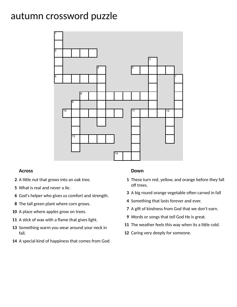 Autumn crossword puzzle with fall vocabulary like pumpkin, leaves, and acorn.