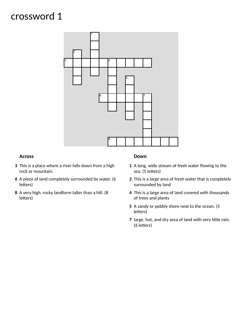 Landforms crossword with vocabulary for mountain, river, island, and forest.