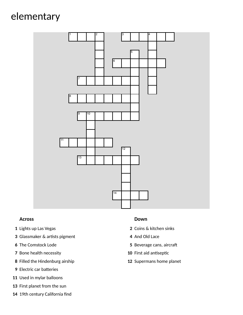 Periodic table elements crossword with neon, helium, and periodic table clues.