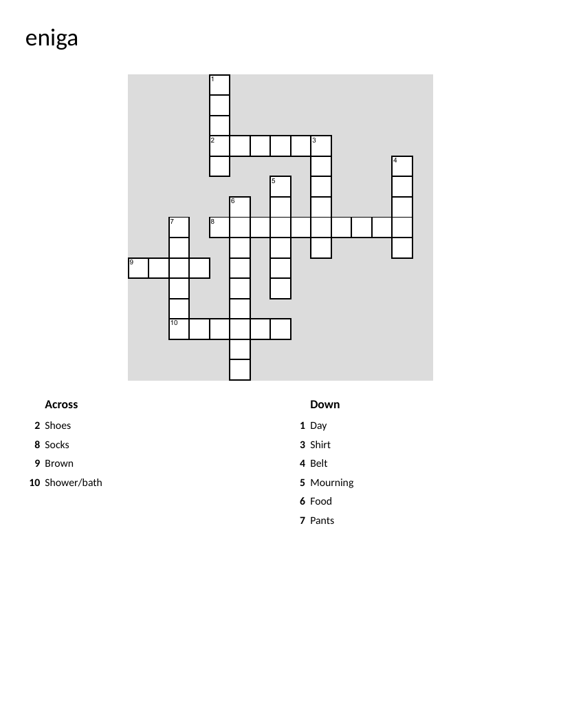 Hebrew vocabulary crossword with words for clothing, food, and daily life.