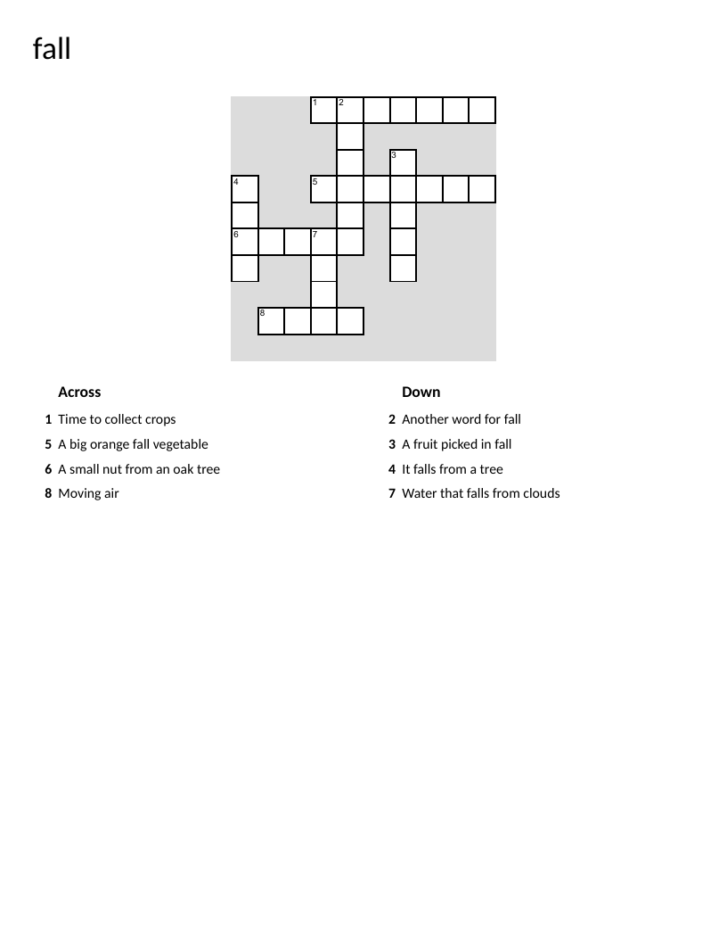 Fall season crossword with pumpkins, leaves, and harvest vocabulary.