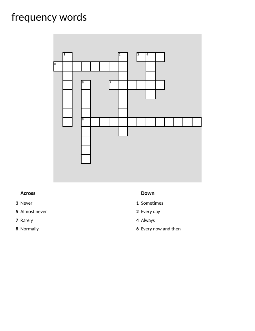German frequency words crossword with adverbs like immer and manchmal.