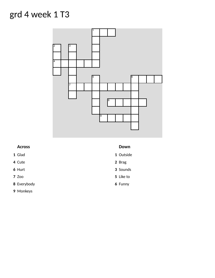 Grade 4 Afrikaans vocabulary crossword with animals and everyday words.