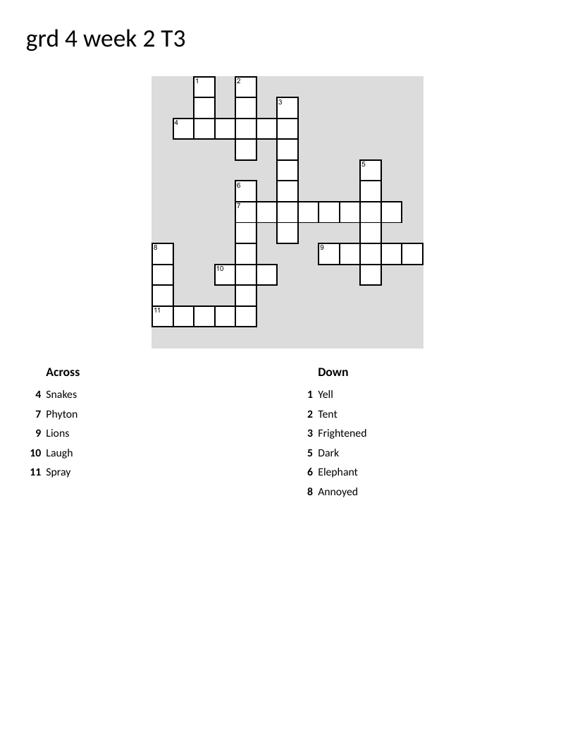 Grade 4 Afrikaans crossword puzzle with animals and adjectives.