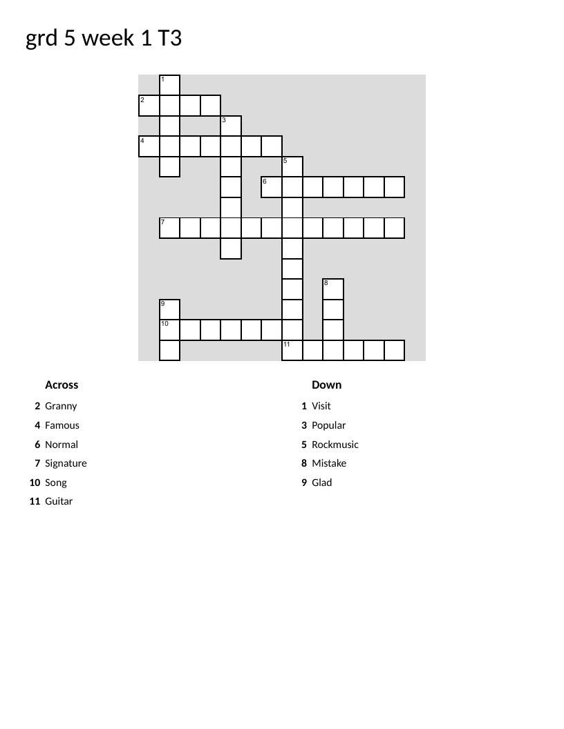 Grade 5 Afrikaans vocabulary crossword with words for music, family, and everyday actions.