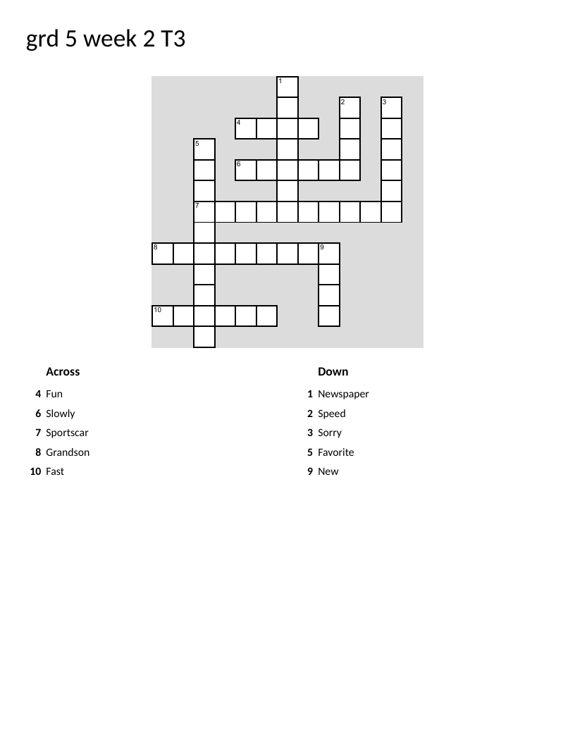 Grade 5 Afrikaans vocabulary crossword with words like fast, newspaper, and grandson.