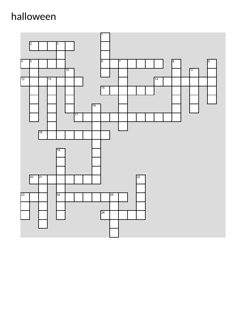 Halloween crossword puzzle with witch, ghost, pumpkin, and candy.