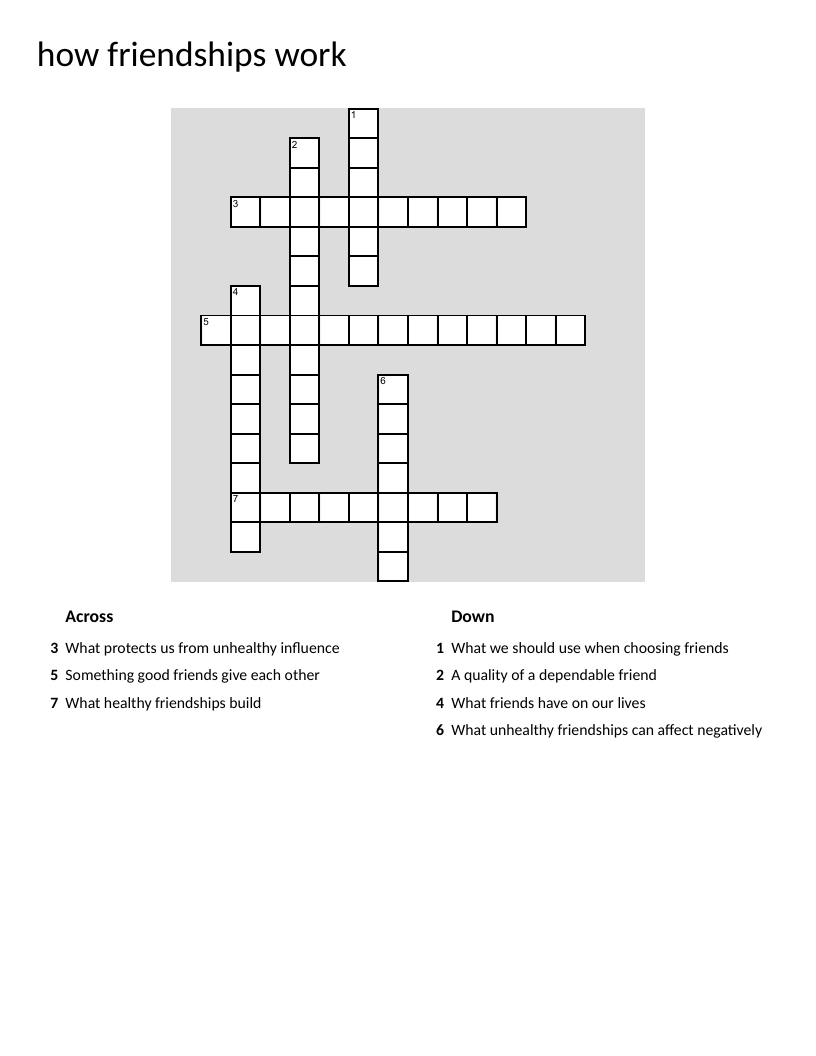 Friendship crossword puzzle with words like boundaries, trust, and encouragement.