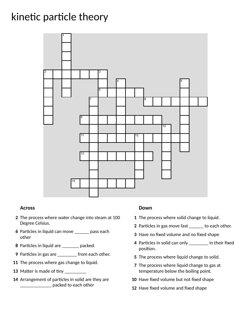 Kinetic particle theory crossword with states of matter and phase changes.