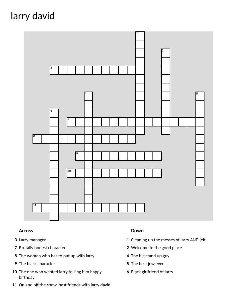 Curb Your Enthusiasm TV series crossword with Larry David and main characters.