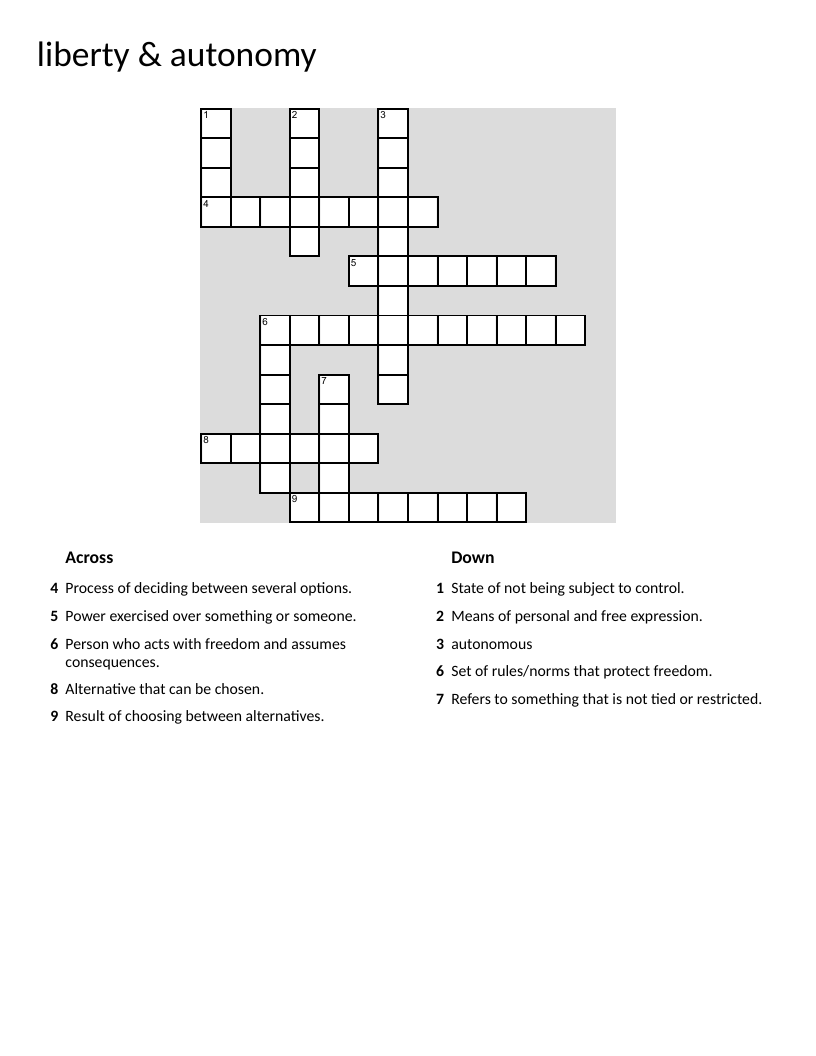 Crossword puzzle on liberty, autonomy, freedom, choice, and responsibility.