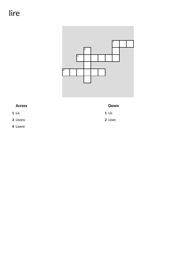 French verb lire conjugation crossword with present-tense forms.