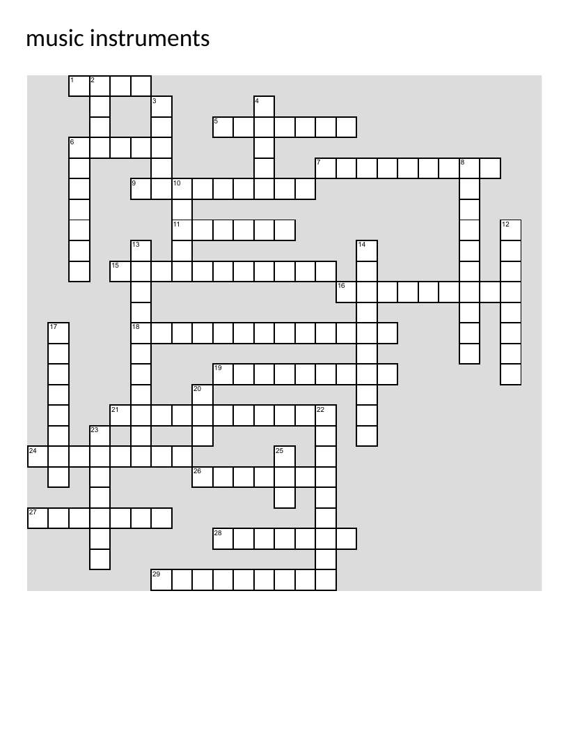 Musical instruments crossword with orchestral and band instruments from all sections.