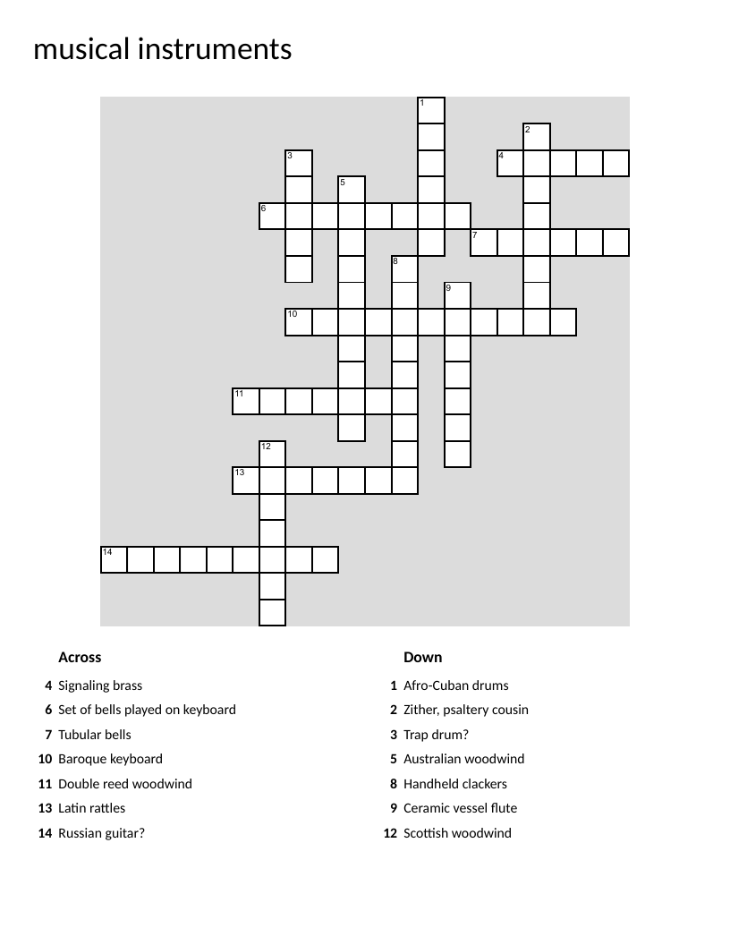 Musical instruments crossword with bagpipe, balalaika, harpsichord, and didgeridoo.