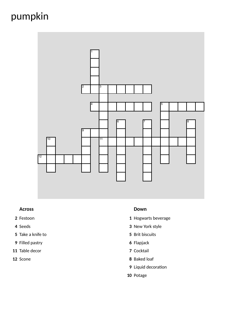 Pumpkin crossword with fall recipes, decorating, and seasonal treats.