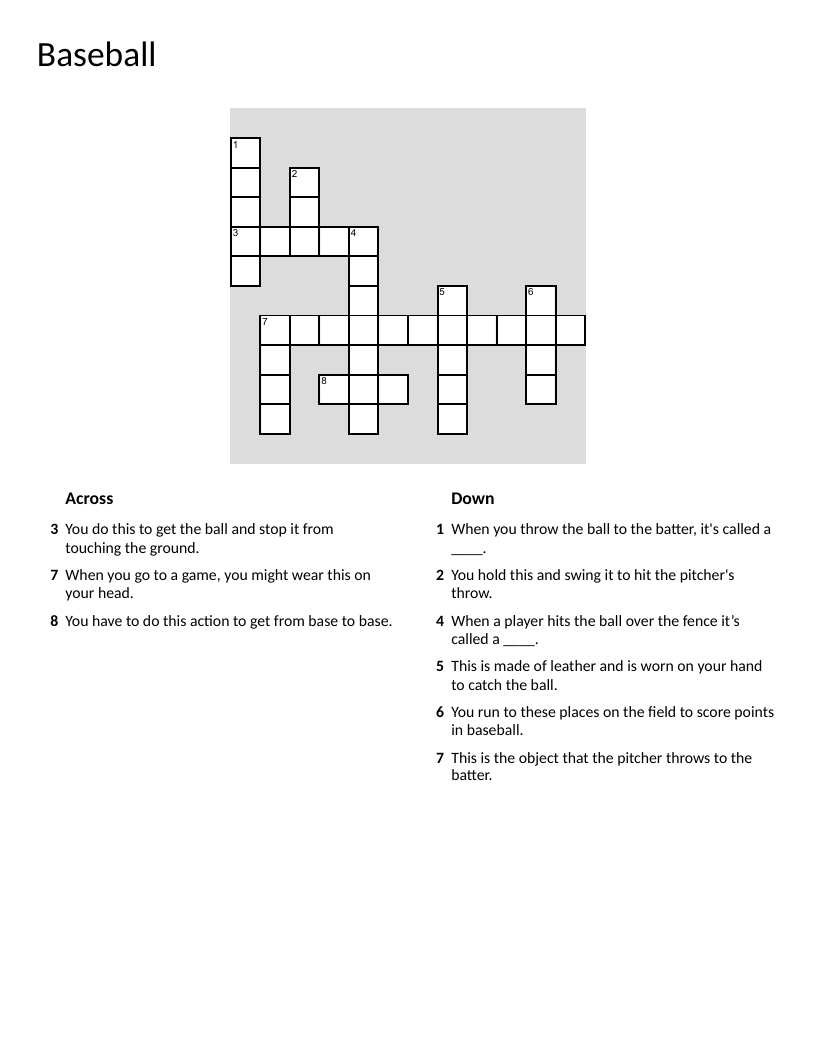 Baseball vocabulary crossword with bat, glove, pitch, and homerun.