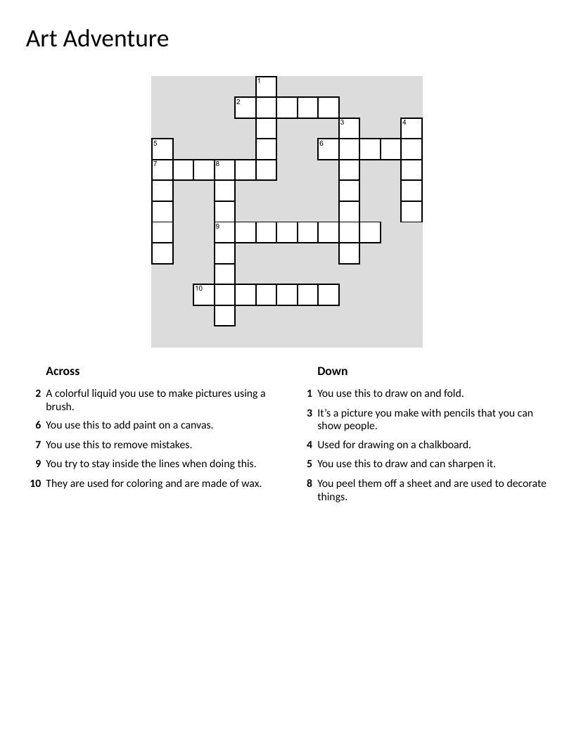 Art supplies crossword for early elementary: paint, brush, crayons, pencil.