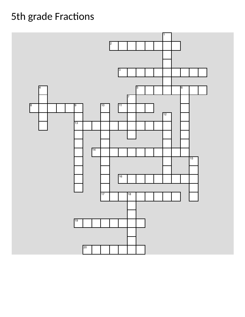Fractions crossword puzzle for 5th grade with terms like numerator, denominator, and equivalent fractions.
