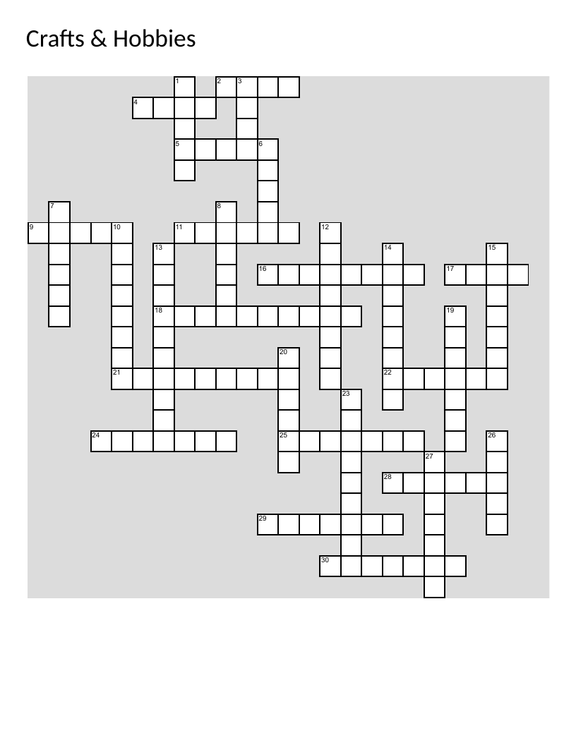 Crafts and hobbies crossword with vocabulary like knitting, origami, and embroidery.