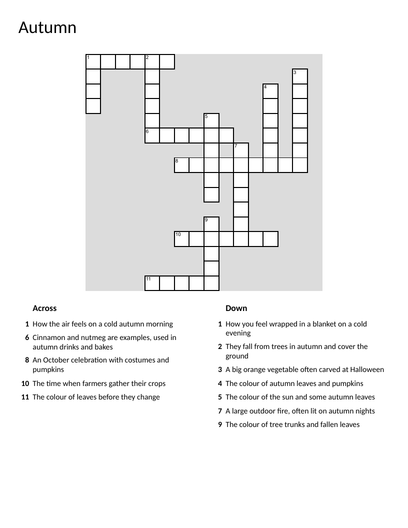 Autumn crossword with fall colors, Halloween pumpkin, and harvest vocabulary.