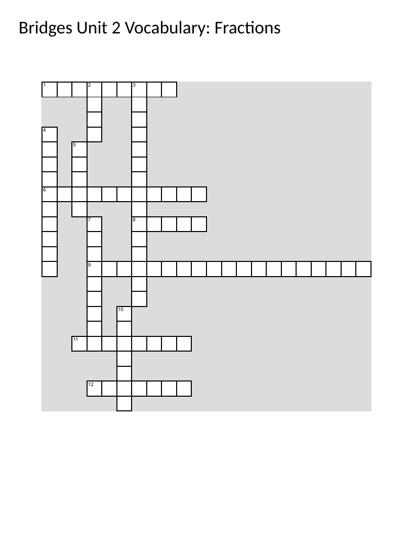 Fractions vocabulary crossword with numerator, denominator, equivalent fractions, decimal.