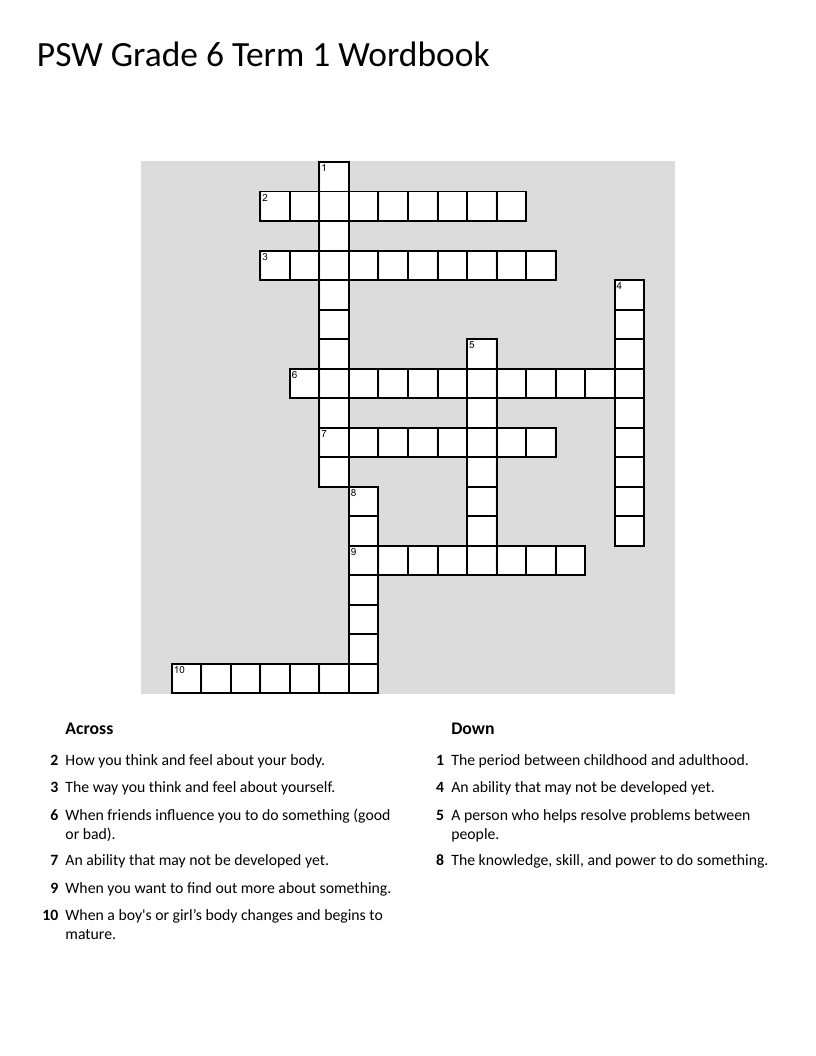 Grade 6 SEL vocabulary crossword with self-esteem, peer pressure, and puberty.