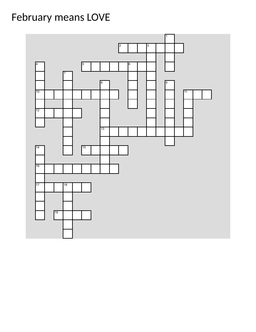 Valentine's Day love and romance crossword with words like passion, soulmate, and romance.
