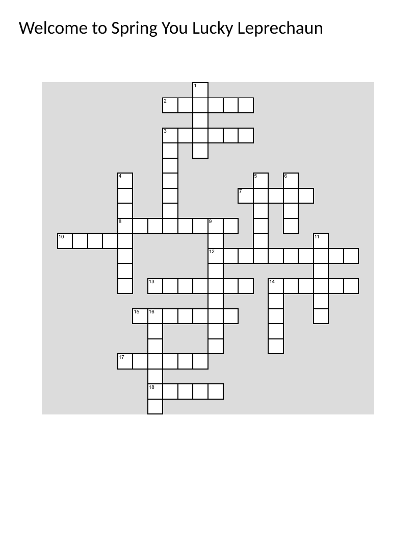 Spring and St. Patrick's Day crossword with leprechaun, shamrock, and rainbow vocabulary.