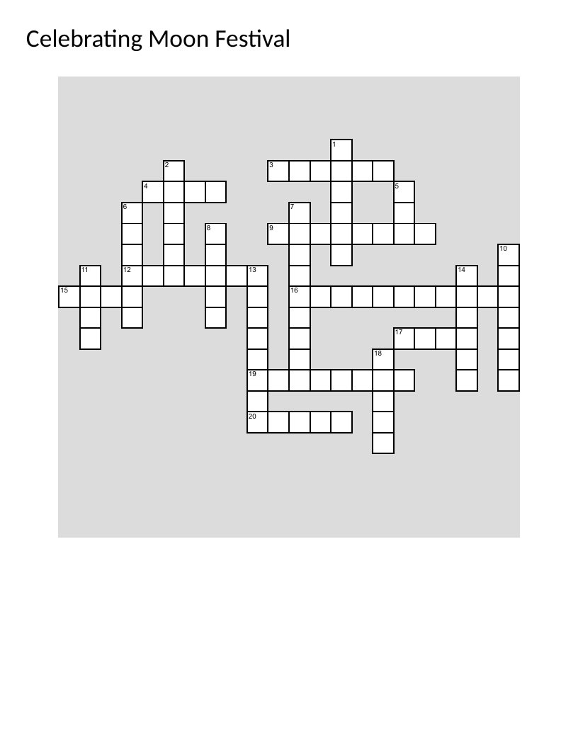Moon Festival crossword with vocabulary like mooncakes, harvest, and family.