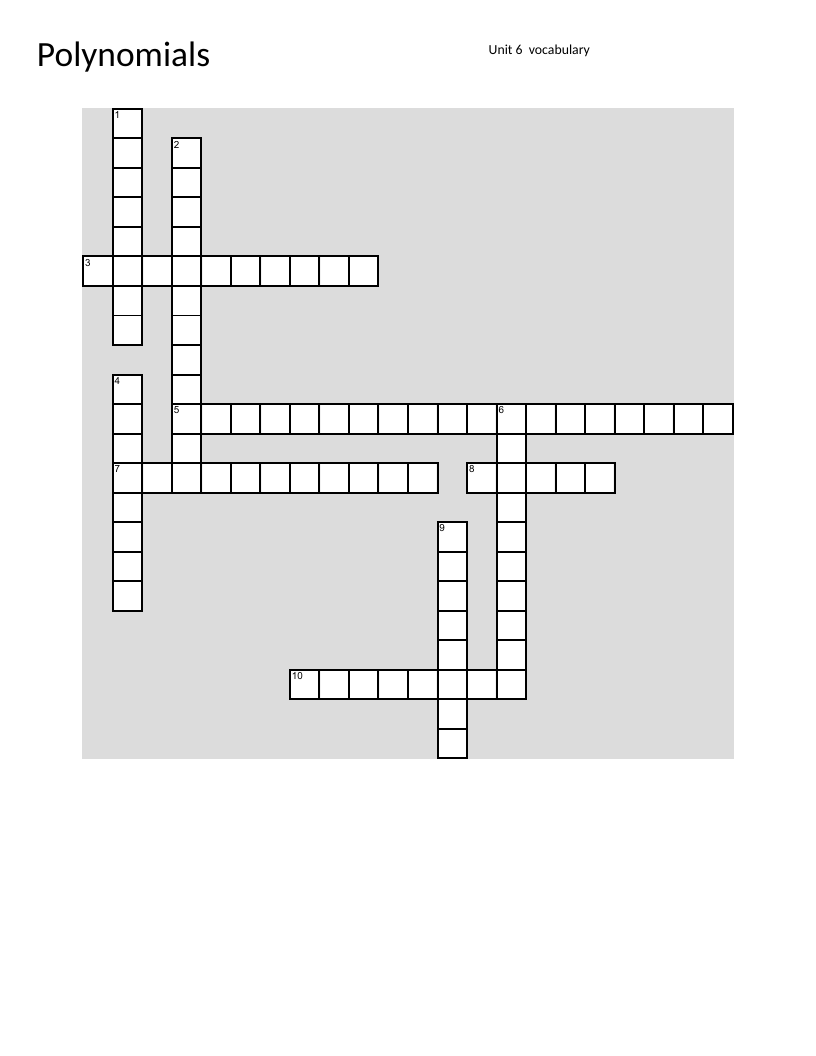 Algebra polynomials crossword with terms like coefficient, slope, and function.