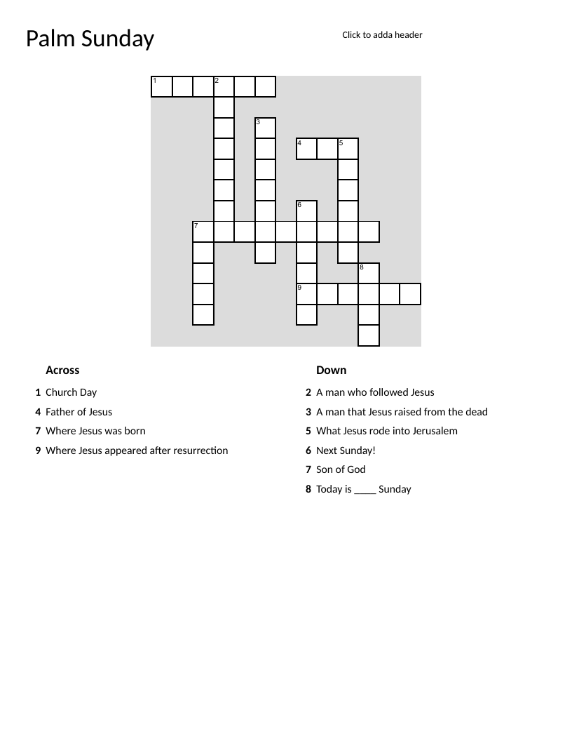 Palm Sunday crossword with clues about Jesus, disciples, and Easter.