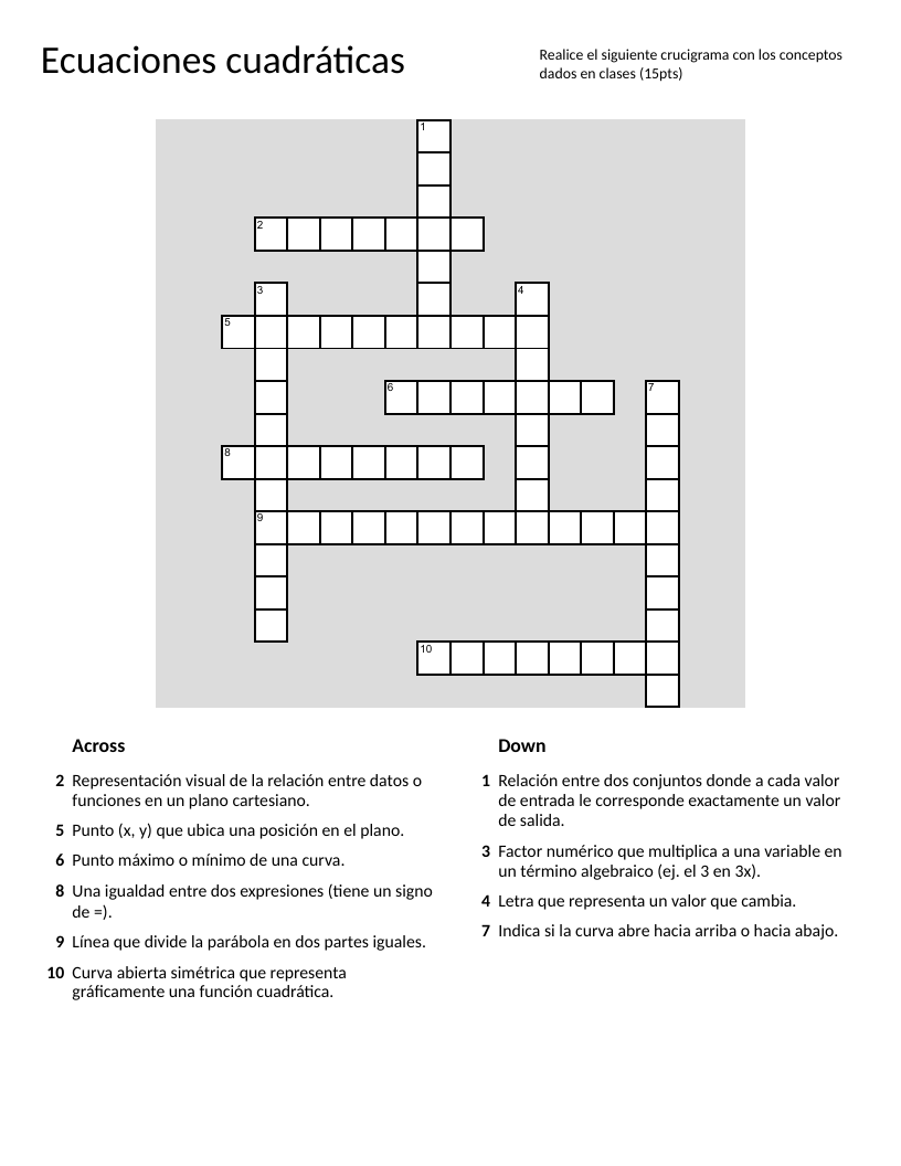 Quadratic equations crossword puzzle with algebra vocabulary in Spanish.