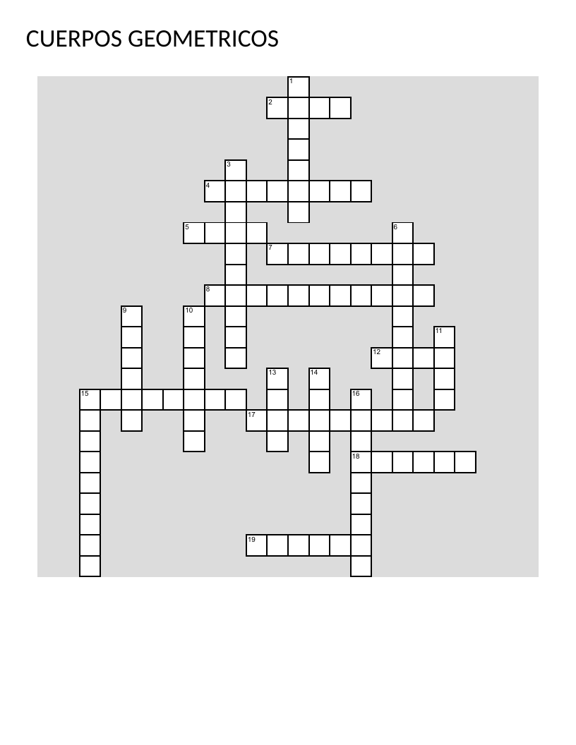 Spanish geometry crossword with 3D solids: cubes, pyramids, spheres, cylinders, and prisms.