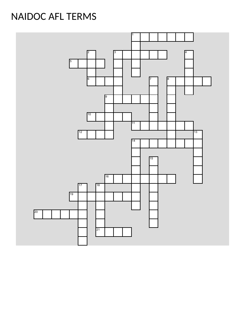 AFL crossword with terms like mark, tackle, goal, and footy.