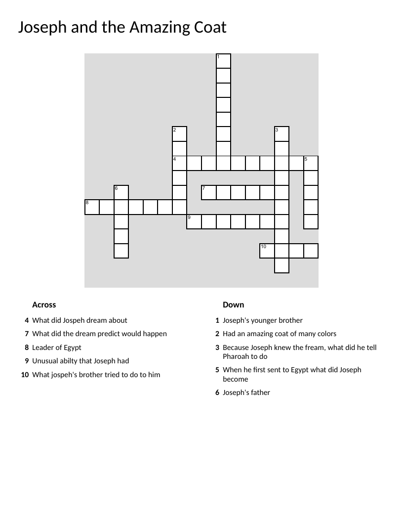 Joseph and the Amazing Coat biblical story crossword puzzle.