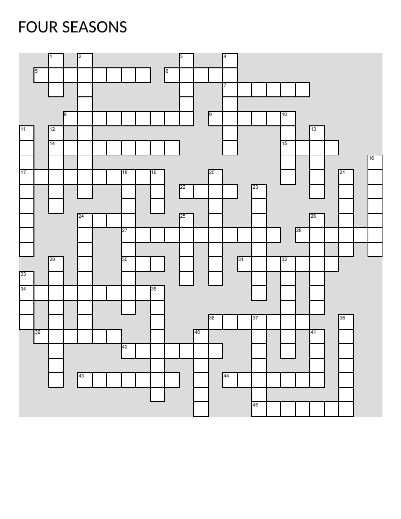 Four seasons crossword puzzle with vocabulary for summer, winter, spring, and autumn activities and weather.