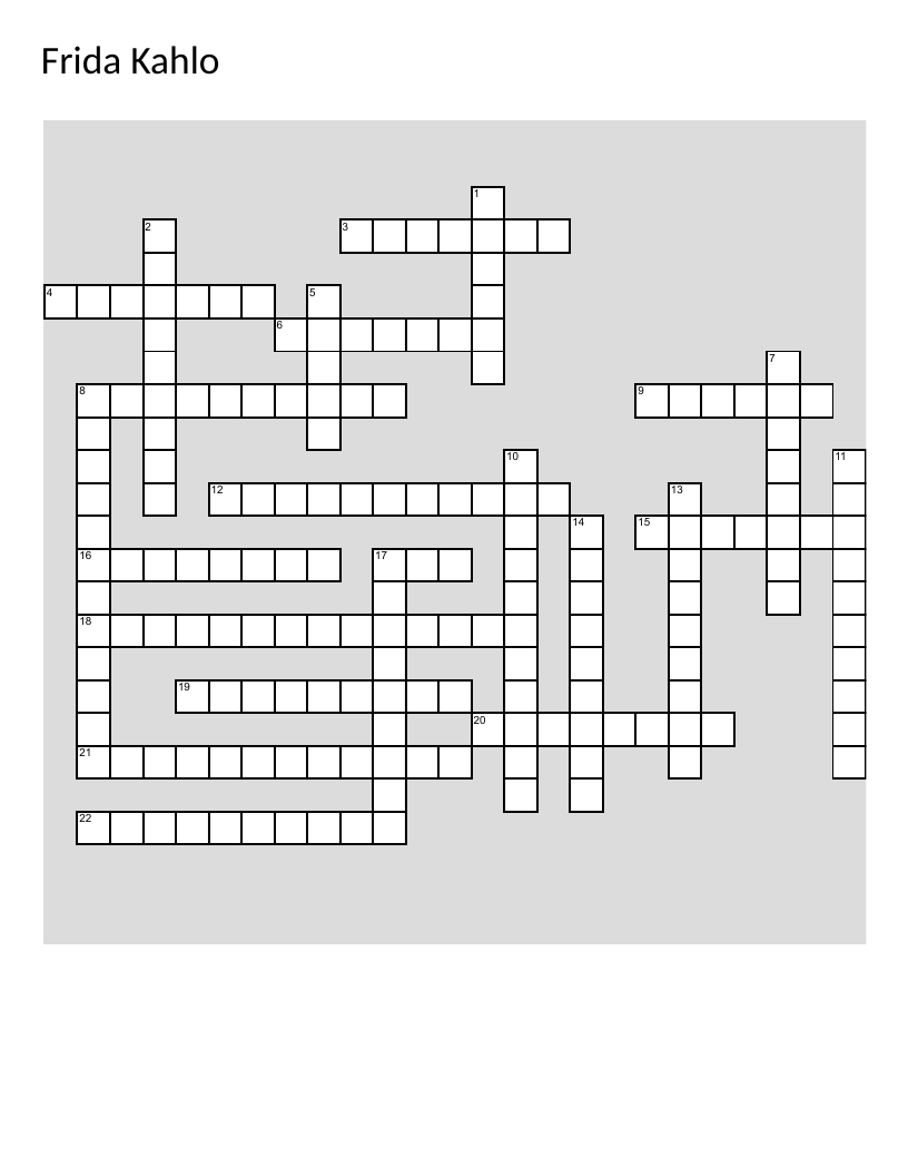 Frida Kahlo crossword puzzle with self-portraits, surrealism, and her Blue House.