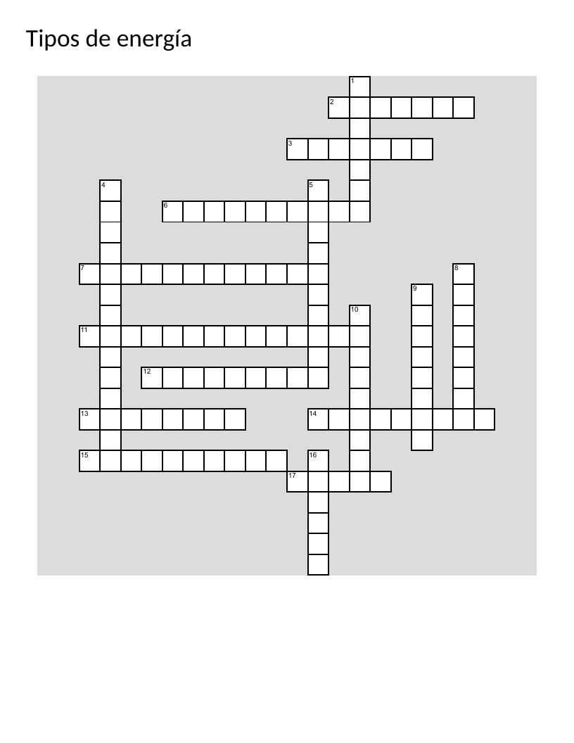 Spanish-language crossword about energy types: solar, wind, nuclear, and thermal.