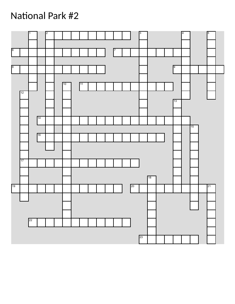 National parks crossword with clues about Glacier Bay, Bryce Canyon, Yellowstone, and Saguaro.