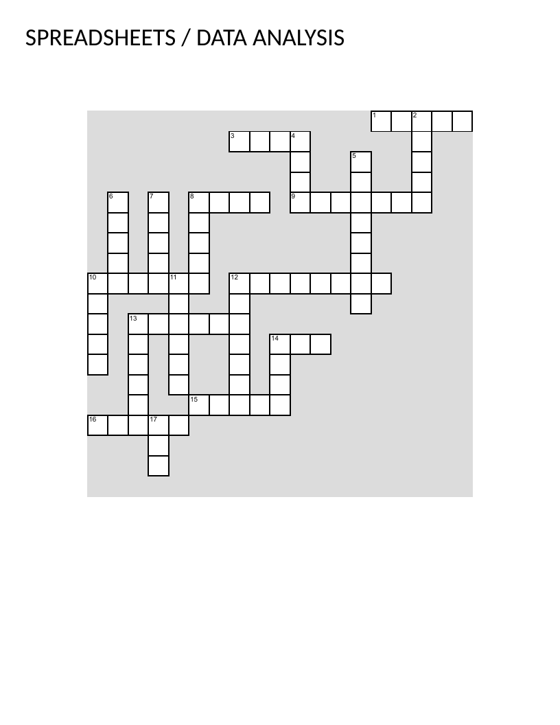 Spreadsheets and data analysis crossword puzzle covering formulas, filters, and pivot tables.