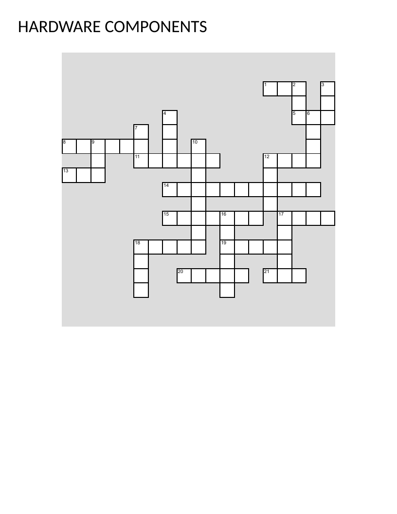 Computer hardware crossword with CPU, RAM, GPU, motherboard, and SSD vocabulary.