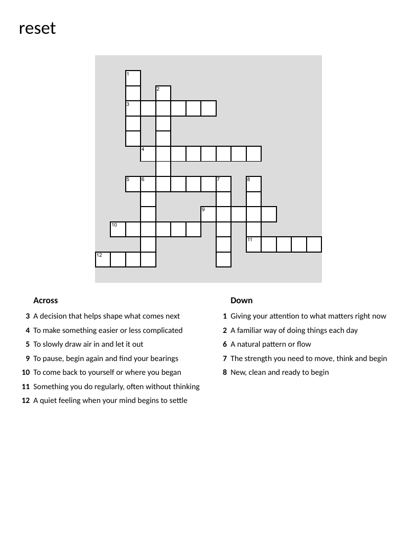 Mindfulness crossword puzzle with clues about calm, focus, breathing, and reset.