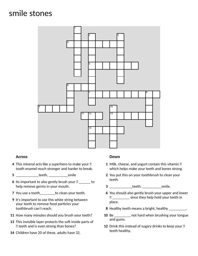 Dental health crossword covering teeth, brushing, floss, and calcium for kids.