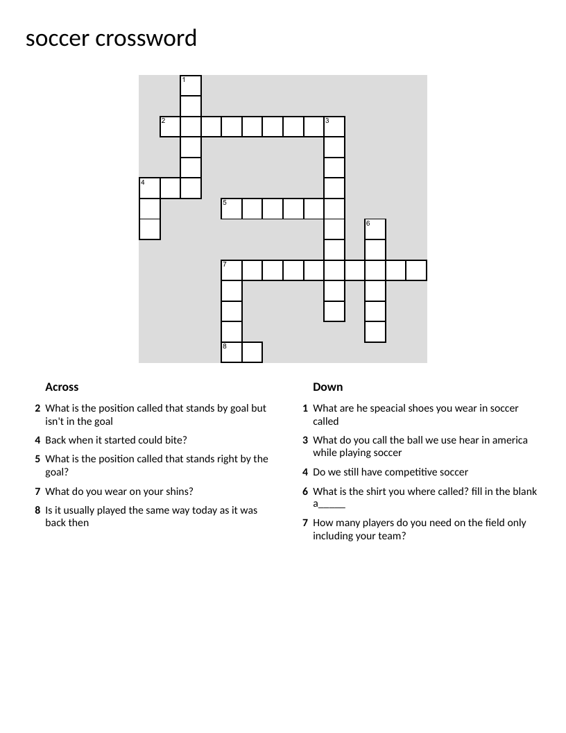 Soccer crossword with clues about positions, equipment, and game vocabulary.
