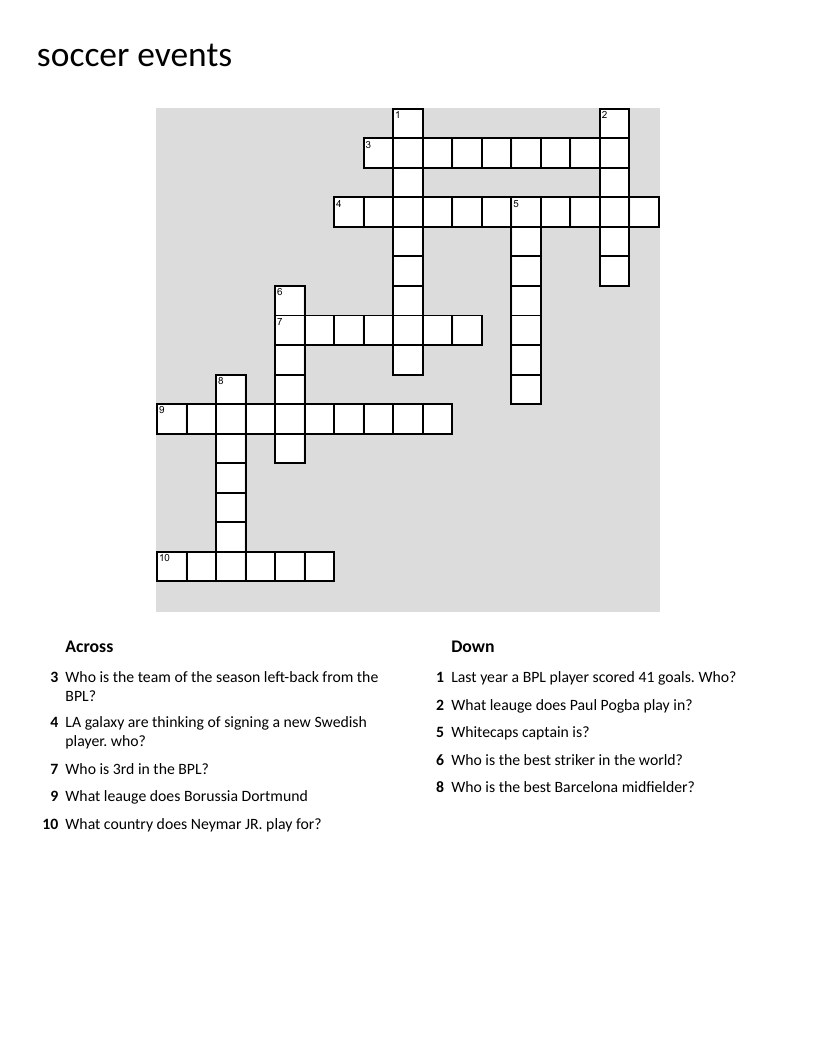Soccer crossword with clues about Harry Kane, Neymar Jr., and Premier League teams.